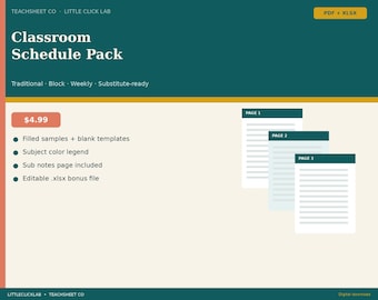 Classroom Schedule Printable PDF | Weekly Teacher Schedule Template | Block & Traditional Day | Sub Plans Friendly + Excel