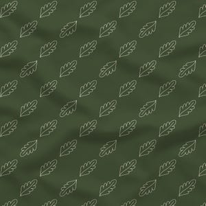 May include: A dark olive green fabric featuring a repeating pattern of white line-drawn oak leaves arranged in diagonal rows. The material has a soft, slightly folded texture that creates subtle shadows across the surface.