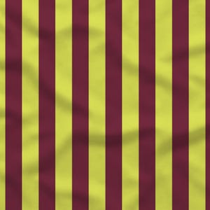 May include: A fabric textile featuring a repeating vertical striped pattern in alternating shades of deep maroon and bright lime yellow. The material displays soft folds and subtle shadows, indicating a flexible and lightweight cloth surface.