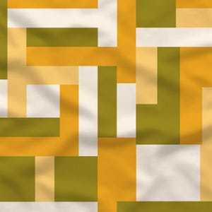 Peut inclure: Un tissu présentant un motif géométrique de blocs rectangulaires entrelacés dans des tons vert olive, jaune moutarde, beige clair et blanc cassé. Le design se compose de barres horizontales et verticales disposées en grille.