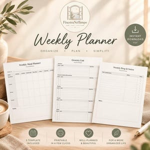 May include: A set of three white paper weekly planner sheets featuring a Weekly Meal Planner, a Grocery List, and a Weekly Prep & Notes section. The text includes FinestraNelTempo, Weekly Planner, Organize, Plan, Simplify, and Instant Download.