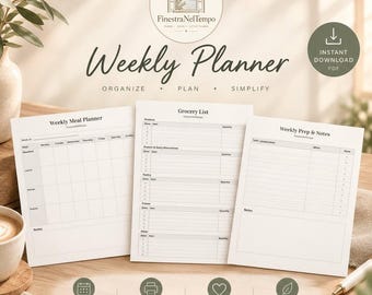 Può includere: Un set di tre fogli di carta per pianificazione settimanale che includono un pianificatore di pasti, una lista della spesa e note di preparazione. Il testo include FinestraNelTempo, Weekly Planner, Organize, Plan, Simplify e Instant Download.