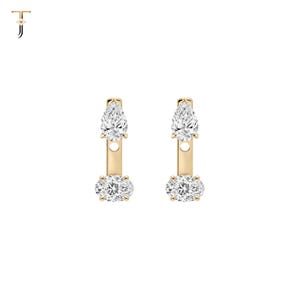 Pear Oval Cut Diamond Idyl Earring Jacket | Adjustable Front Back Two Stone Studs | Dainty 14K Gold Jewelry Gift For Her