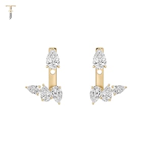 Pear Cut Diamond Ear Jacket Earrings 14K Yellow Gold Leaf Cluster Stud Adjustable Bridal Sparkle Unique Jewelry Gift For Her
