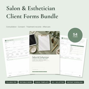 Esthetician Salon Client Intake & Consent Forms Bundle, Lash, Botox, Med Spa, Fillable PDF, Editable Word