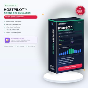 May include: A dark-themed software box for HostPilot Airbnb ROI Simulator featuring a digital dashboard display with financial metrics, bar charts, and a red order button. The packaging includes text detailing features like dynamic seasonality and stress test matrix.