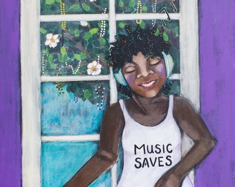 This is Tia. An African American woman listening to music. An original Painting.