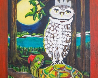 Owl and Turtle Art Print of Original Painting