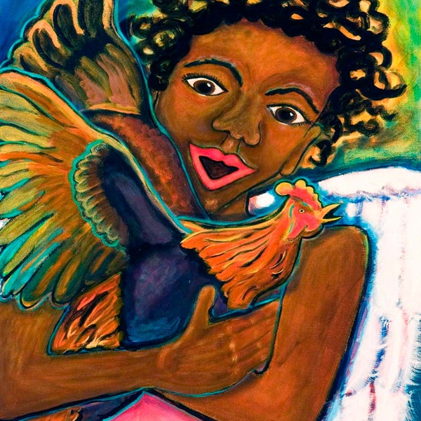 African American Angel with Rooster Art Print-- Feathered Friends