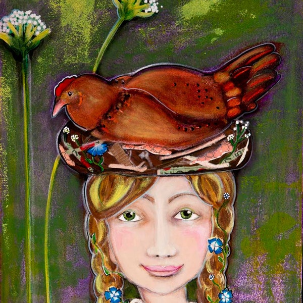 Girl with Chicken, In the Garden, Limited Edition Art Print