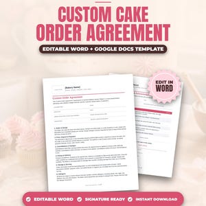 Custom Cake Order Agreement and Allergen Disclosure | Editable Word Template | Home Bakery Order Form, Deposit Policy and Cottage Food