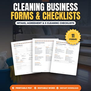 May include: A digital product set titled Startline Supply Cleaning Business Forms & Checklists, featuring 11 forms including a New Client Intake Form, Standard Clean Checklist, and Airbnb Turnover Checklist, available as a printable PDF and editable Word document.