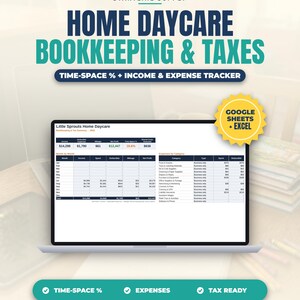 May include: A digital bookkeeping and tax tracker for home daycares titled Startline Supply Home Daycare Bookkeeping & Taxes. The interface displays a spreadsheet with income, expense, and mileage columns, compatible with Google Sheets and Excel.