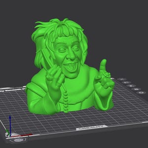 Peut inclure: Un buste imprimé en 3D vert vif représentant une personne aux cheveux ébouriffés, tenant un combiné téléphonique à l'oreille d'une main tout en faisant un geste vers le haut de l'autre. La figurine porte des bagues et a la bouche ouverte.