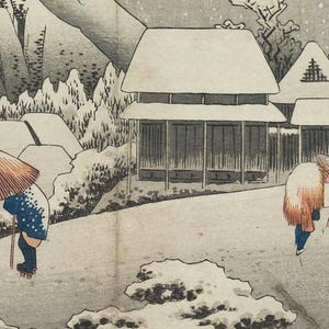 Narnia inspired art print in Japanese snow woodblock style: a girl in a blue coat finds a glowing lamp-post in a snowy wood at night as a faun with an umbrella and parcels hurries towards her. Shown framed in black, white or natural oak and unframed, with the style reference and behind-the-scenes shots.