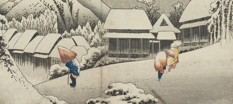 Narnia inspired art print in Japanese snow woodblock style: a girl in a blue coat finds a glowing lamp-post in a snowy wood at night as a faun with an umbrella and parcels hurries towards her. Shown framed in black, white or natural oak and unframed, with the style reference and behind-the-scenes shots.