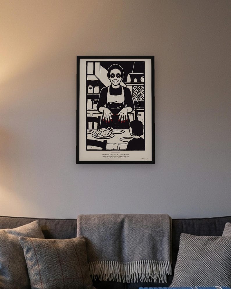 Coraline inspired art print in black woodcut style: the Other Mother with black button eyes and red fingernails smiles over a roast chicken as Coraline, seen from behind, sits at the table. Shown framed in black, white or natural oak and unframed, with the style reference and behind-the-scenes shots.