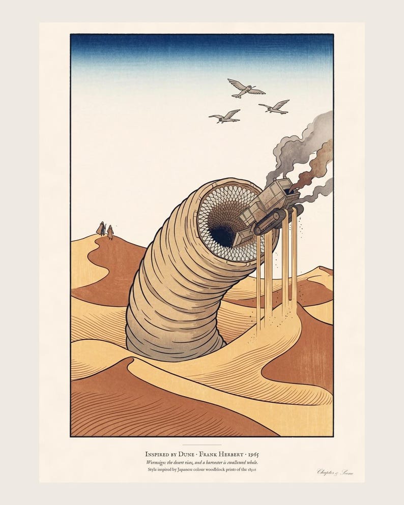 Dune Poster Art Print, Frank Herbert Sandworm Japanese Woodblock Wall Art, Arrakis Sci Fi Gift image 1