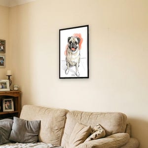 Personalised pet portrait print: Modern sketch, A3 in a black frame, family lounge