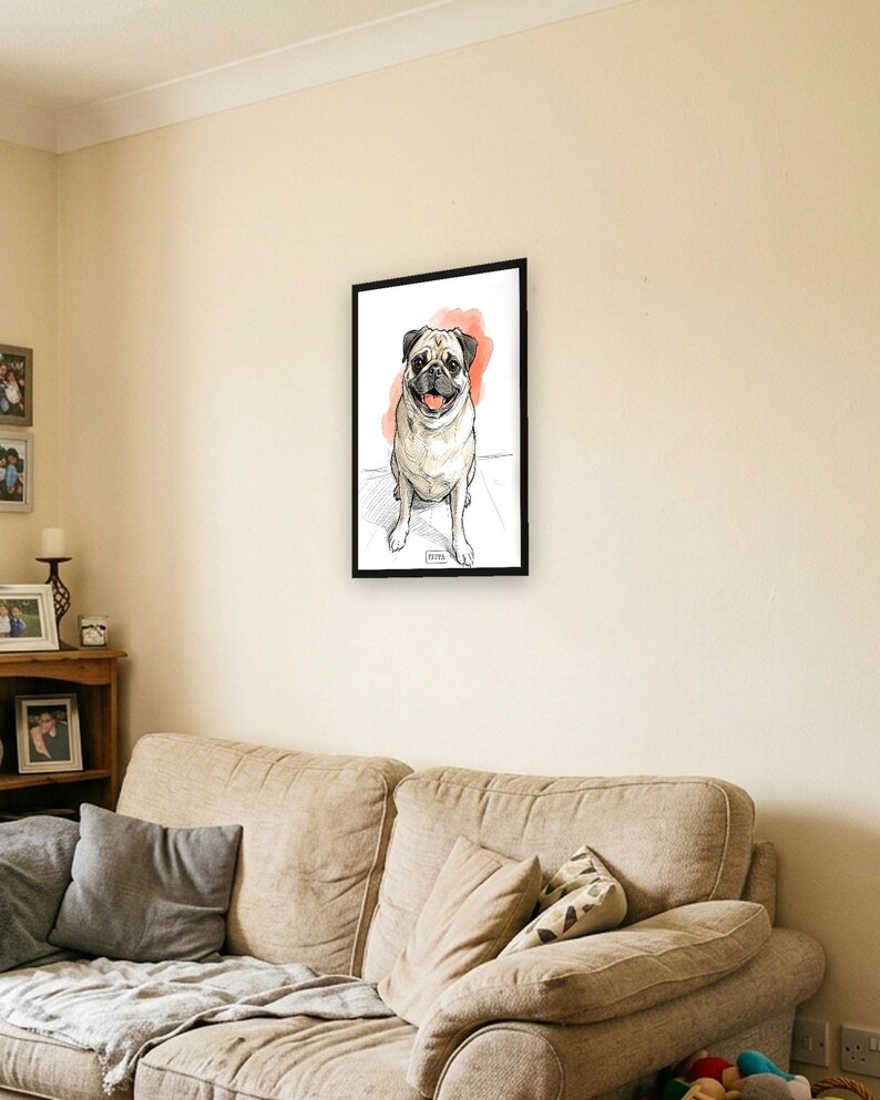 Personalised pet portrait print: Modern sketch, A3 in a black frame, family lounge