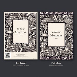 Personalised ex libris bookplate print in engraved ink on cream: a border of stacked books, a reading lamp and a cup of tea, with Ex Libris above and a mum's name and a year set in the centre.