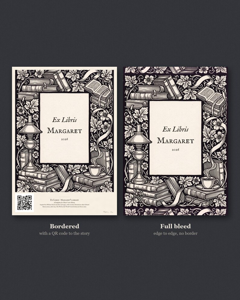 Personalised ex libris bookplate print in engraved ink on cream: a border of stacked books, a reading lamp and a cup of tea, with Ex Libris above and a mum's name and a year set in the centre.