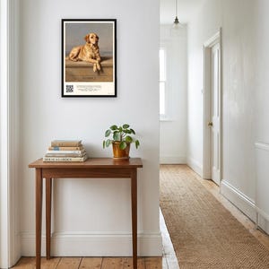Personalised dog memorial print in the style of Edwin Landseer: a gentle portrait of a dog at rest, with Lord Byron's epitaph, Beauty without Vanity, Strength without Insolence, Courage without Ferocity, and a line for the dog's name and years.