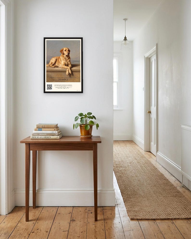 Personalised dog memorial print in the style of Edwin Landseer: a gentle portrait of a dog at rest, with Lord Byron's epitaph, Beauty without Vanity, Strength without Insolence, Courage without Ferocity, and a line for the dog's name and years.