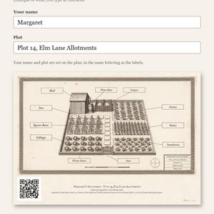 Personalised allotment plan print in blue-and-white technical lines: a blueprint of an allotment with numbered beds, a shed, water butt and compost heap, and a title block for the site name, plot number and owner.