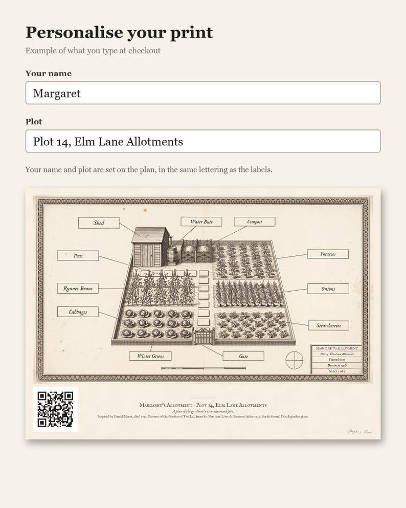 Personalised allotment plan print in blue-and-white technical lines: a blueprint of an allotment with numbered beds, a shed, water butt and compost heap, and a title block for the site name, plot number and owner.