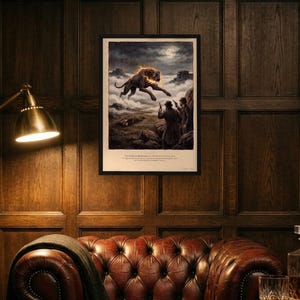 Hound of the Baskervilles art print in a 1790s colour print style: a huge black hound bursts out of the fog on Dartmoor under a full moon as two men with revolvers rise from the rocks. Shown framed in black, white or natural oak and unframed, with the style reference and behind-the-scenes shots.