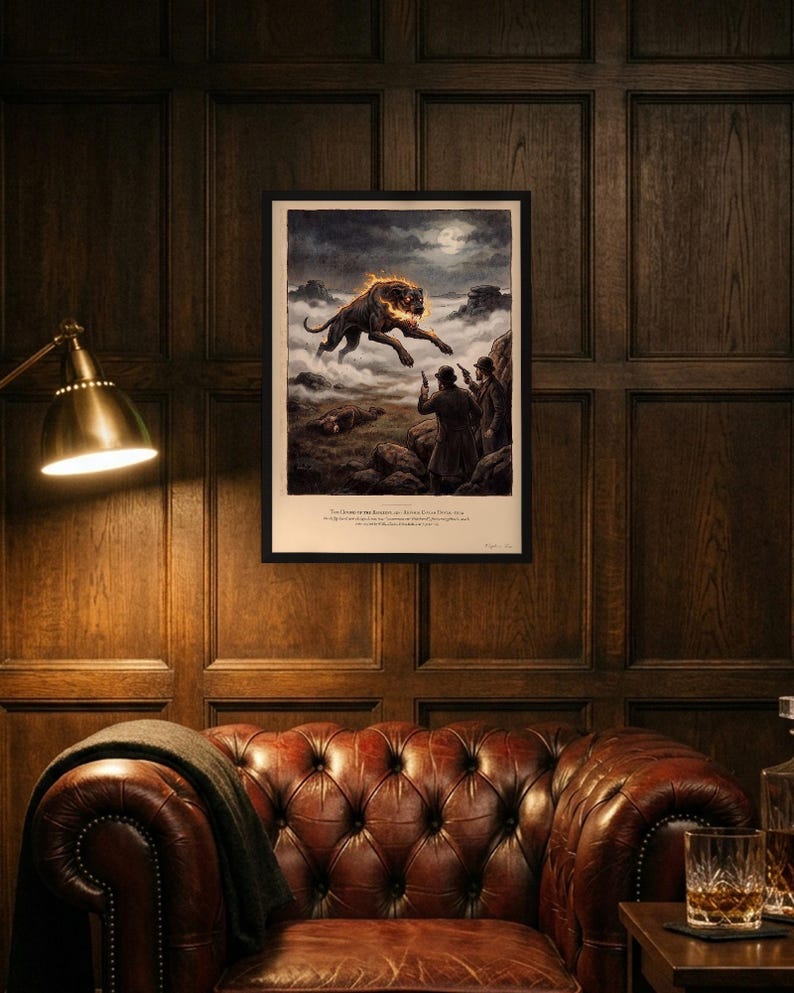 Hound of the Baskervilles art print in a 1790s colour print style: a huge black hound bursts out of the fog on Dartmoor under a full moon as two men with revolvers rise from the rocks. Shown framed in black, white or natural oak and unframed, with the style reference and behind-the-scenes shots.