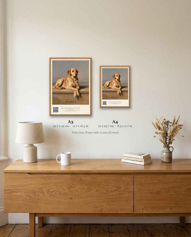 Personalised dog memorial print in the style of Edwin Landseer: a gentle portrait of a dog at rest, with Lord Byron's epitaph, Beauty without Vanity, Strength without Insolence, Courage without Ferocity, and a line for the dog's name and years.