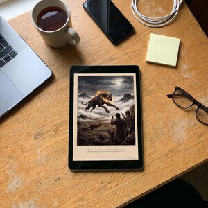 Hound of the Baskervilles art print in a 1790s colour print style: a huge black hound bursts out of the fog on Dartmoor under a full moon as two men with revolvers rise from the rocks. Shown framed in black, white or natural oak and unframed, with the style reference and behind-the-scenes shots.