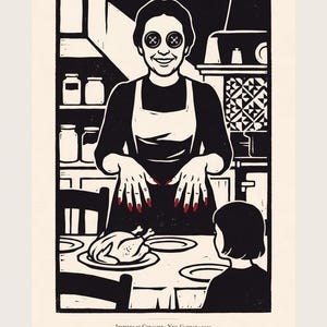 Coraline inspired art print in black woodcut style: the Other Mother with black button eyes and red fingernails smiles over a roast chicken as Coraline, seen from behind, sits at the table. Shown framed in black, white or natural oak and unframed, with the style reference and behind-the-scenes shots.