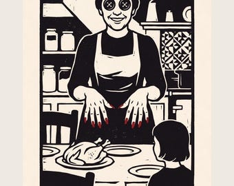 Coraline Poster Art Print, The Other Mother Button Eyes Woodcut, Neil Gaiman Spooky Halloween Wall Art