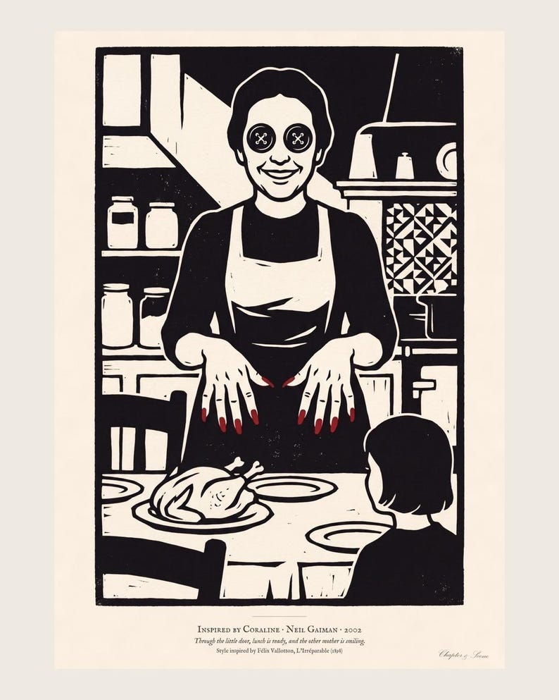 Coraline inspired art print in black woodcut style: the Other Mother with black button eyes and red fingernails smiles over a roast chicken as Coraline, seen from behind, sits at the table. Shown framed in black, white or natural oak and unframed, with the style reference and behind-the-scenes shots.