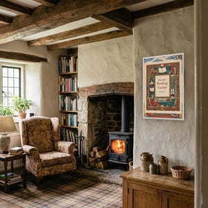 Personalised reading corner bookplate print in engraved ink on cream: a border of stacked books, a reading lamp and an open window, with Ex Libris above and a teacher's name and class year set in the centre.