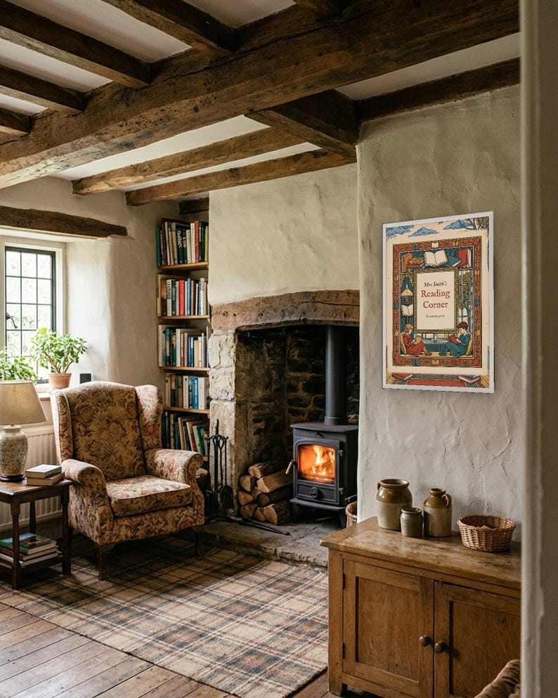 Personalised reading corner bookplate print in engraved ink on cream: a border of stacked books, a reading lamp and an open window, with Ex Libris above and a teacher's name and class year set in the centre.