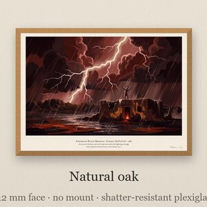 Blood Meridian art print in 1930s Southwest desert painting style: a pale figure stands on the roof of a ruined adobe with arms raised to the lightning, men round a fire in the doorway below, rain over the desert. Shown framed in black, white or natural oak and unframed, with the style reference and behind-the-scenes shots.
