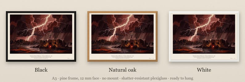 Blood Meridian art print in 1930s Southwest desert painting style: a pale figure stands on the roof of a ruined adobe with arms raised to the lightning, men round a fire in the doorway below, rain over the desert. Shown framed in black, white or natural oak and unframed, with the style reference and behind-the-scenes shots.