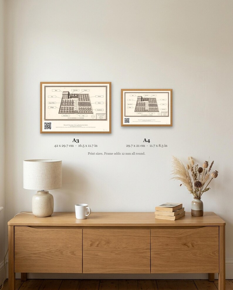 Personalised allotment plan print in blue-and-white technical lines: a blueprint of an allotment with numbered beds, a shed, water butt and compost heap, and a title block for the site name, plot number and owner.