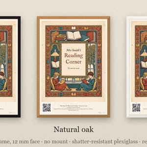 Personalised reading corner bookplate print in engraved ink on cream: a border of stacked books, a reading lamp and an open window, with Ex Libris above and a teacher's name and class year set in the centre.