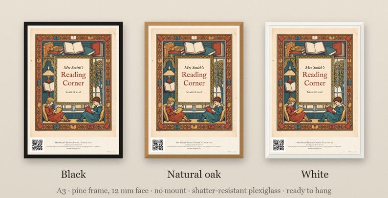 Personalised reading corner bookplate print in engraved ink on cream: a border of stacked books, a reading lamp and an open window, with Ex Libris above and a teacher's name and class year set in the centre.