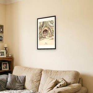 Personalised Peter Rabbit nursery print in the style of a Caldecott colour wood engraving: four little rabbits in a sand-bank under the root of a big fir tree, with the first line of the story and a band for the baby's name and date.