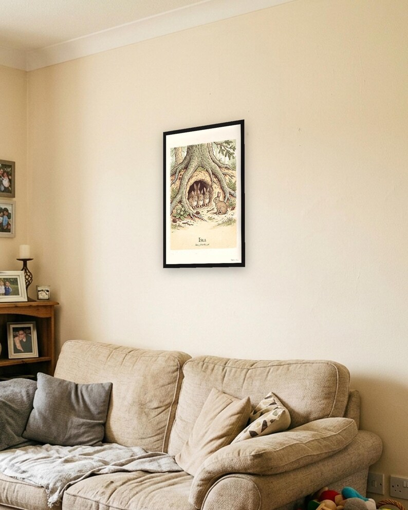 Personalised Peter Rabbit nursery print in the style of a Caldecott colour wood engraving: four little rabbits in a sand-bank under the root of a big fir tree, with the first line of the story and a band for the baby's name and date.