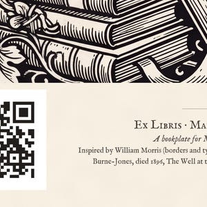 Personalised ex libris bookplate print in engraved ink on cream: a border of stacked books, a reading lamp and a cup of tea, with Ex Libris above and a mum's name and a year set in the centre.