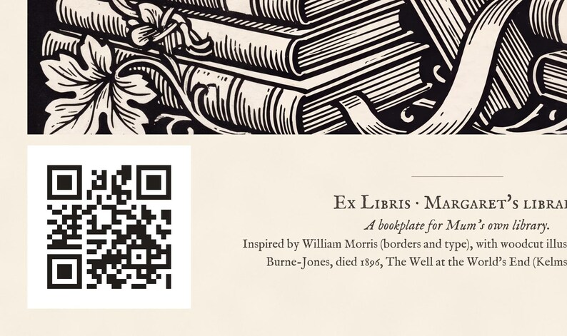Personalised ex libris bookplate print in engraved ink on cream: a border of stacked books, a reading lamp and a cup of tea, with Ex Libris above and a mum's name and a year set in the centre.
