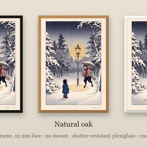 Narnia inspired art print in Japanese snow woodblock style: a girl in a blue coat finds a glowing lamp-post in a snowy wood at night as a faun with an umbrella and parcels hurries towards her. Shown framed in black, white or natural oak and unframed, with the style reference and behind-the-scenes shots.