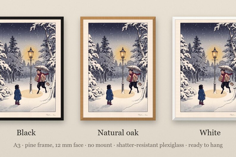 Narnia inspired art print in Japanese snow woodblock style: a girl in a blue coat finds a glowing lamp-post in a snowy wood at night as a faun with an umbrella and parcels hurries towards her. Shown framed in black, white or natural oak and unframed, with the style reference and behind-the-scenes shots.